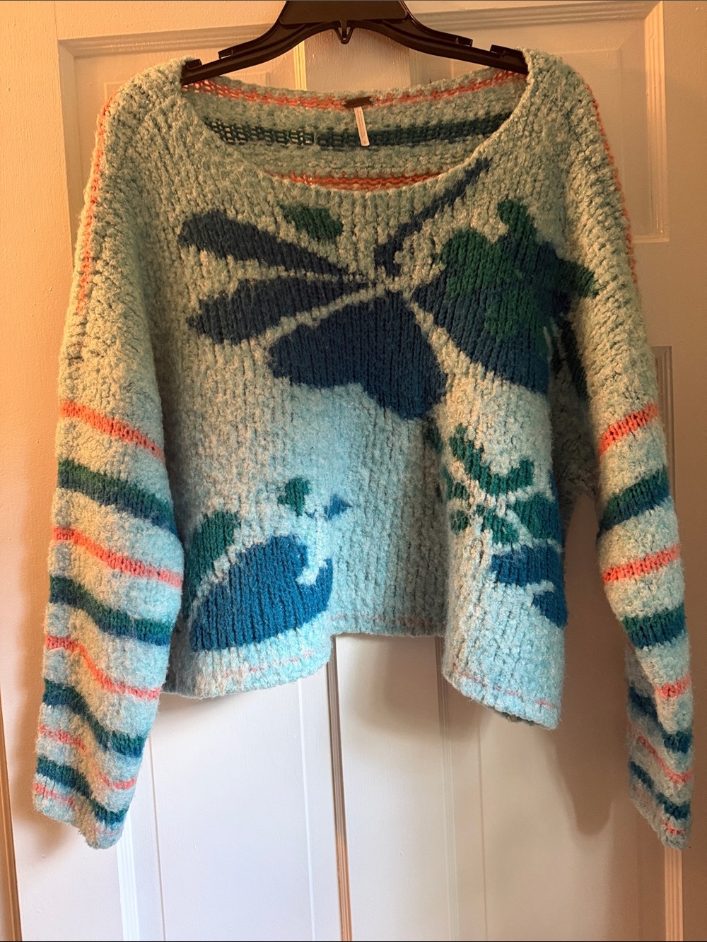 Free People Light Blue Floral Crewneck Sweater with Teal, Navy & Coral Accents